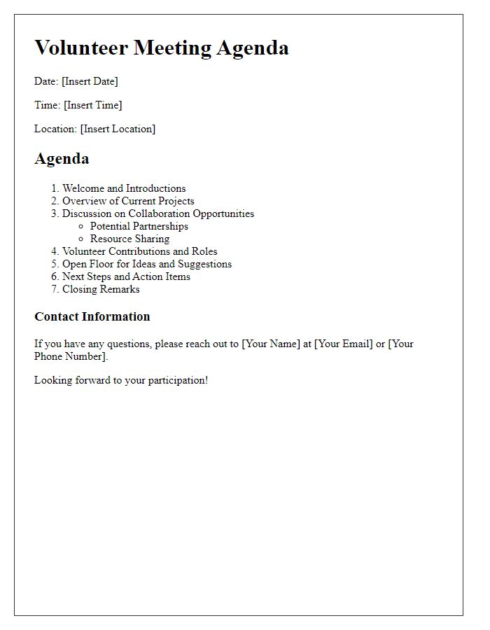 Letter template of volunteer meeting agenda for collaboration opportunities