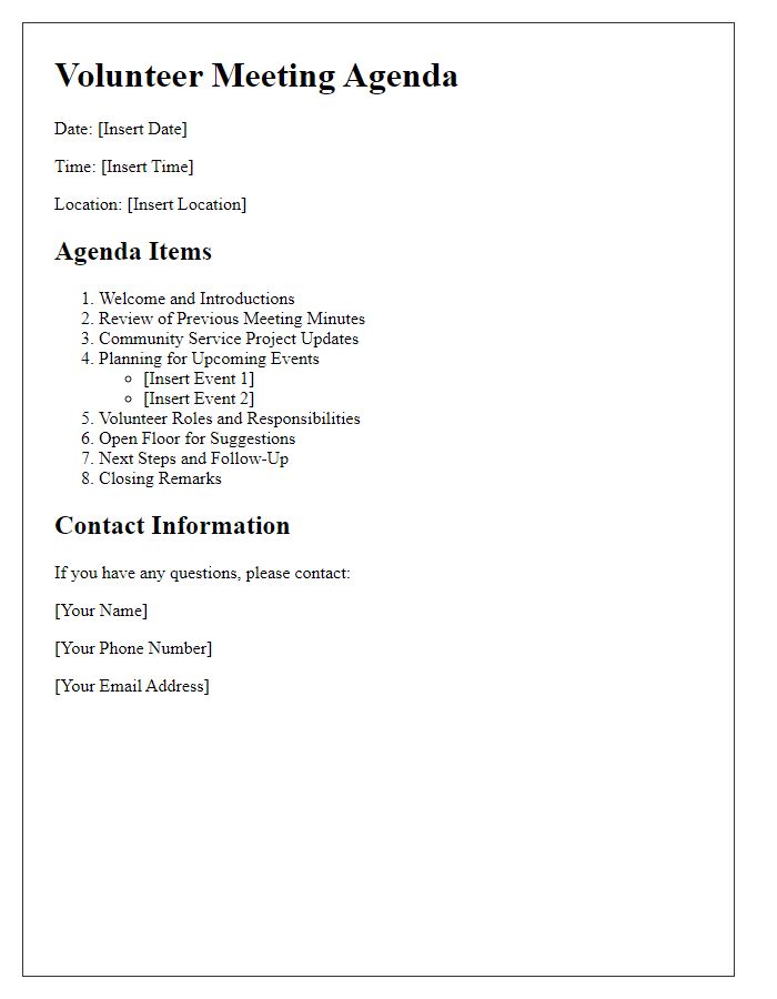 Letter template of volunteer meeting agenda for community service planning