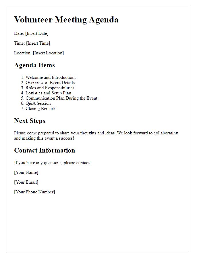 Letter template of volunteer meeting agenda for event coordination