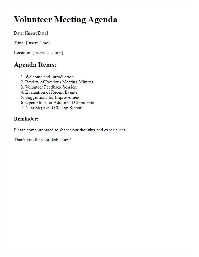 Letter template of volunteer meeting agenda for feedback and evaluation