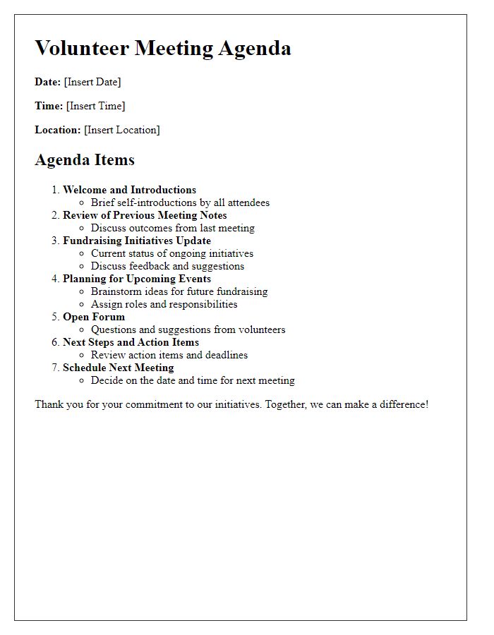 Letter template of volunteer meeting agenda for fundraising initiatives