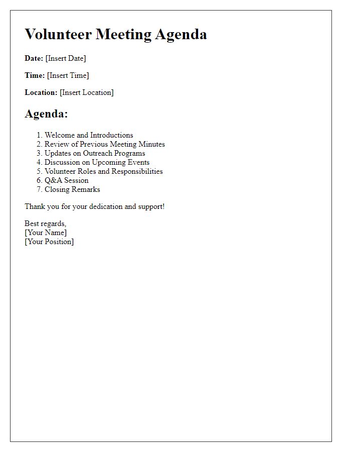 Letter template of volunteer meeting agenda for outreach programs