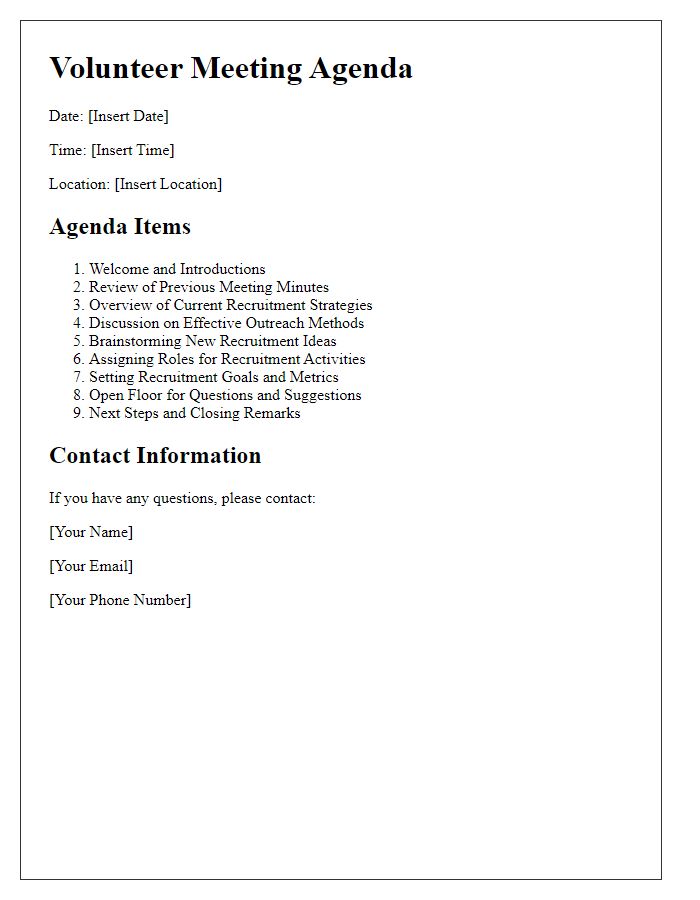 Letter template of volunteer meeting agenda for recruitment strategies