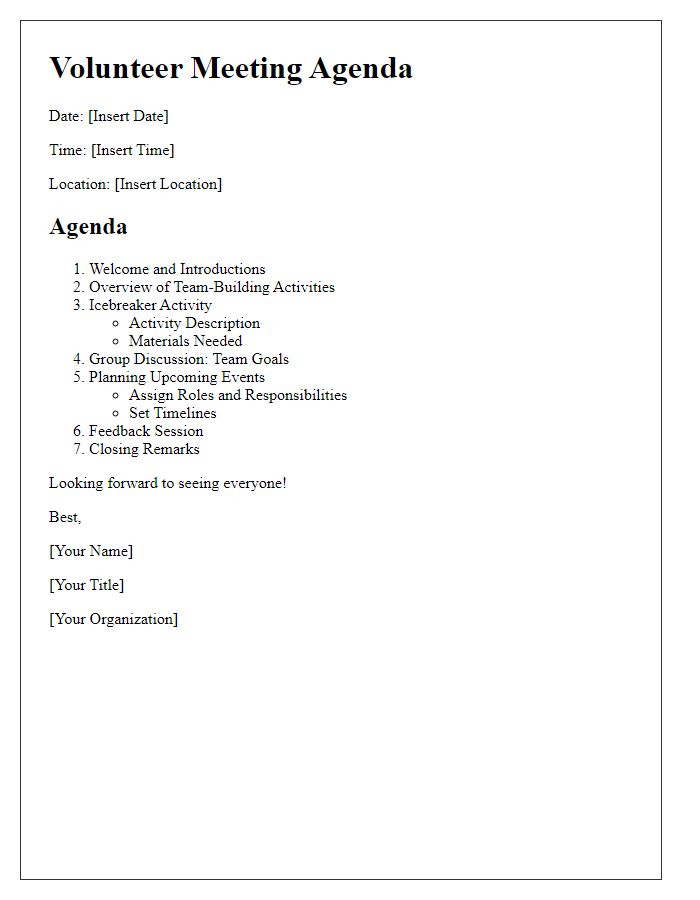 Letter template of volunteer meeting agenda for team-building activities