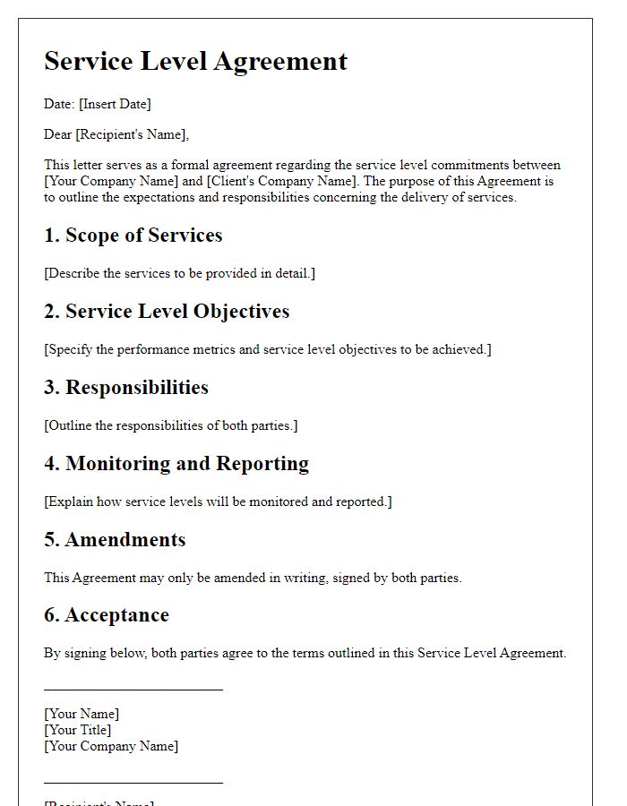 Letter template of Agreement to Service Level Commitments