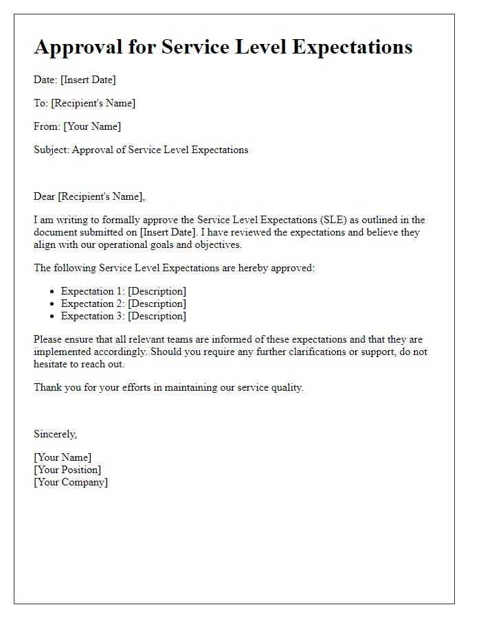 Letter template of Approval for Service Level Expectations