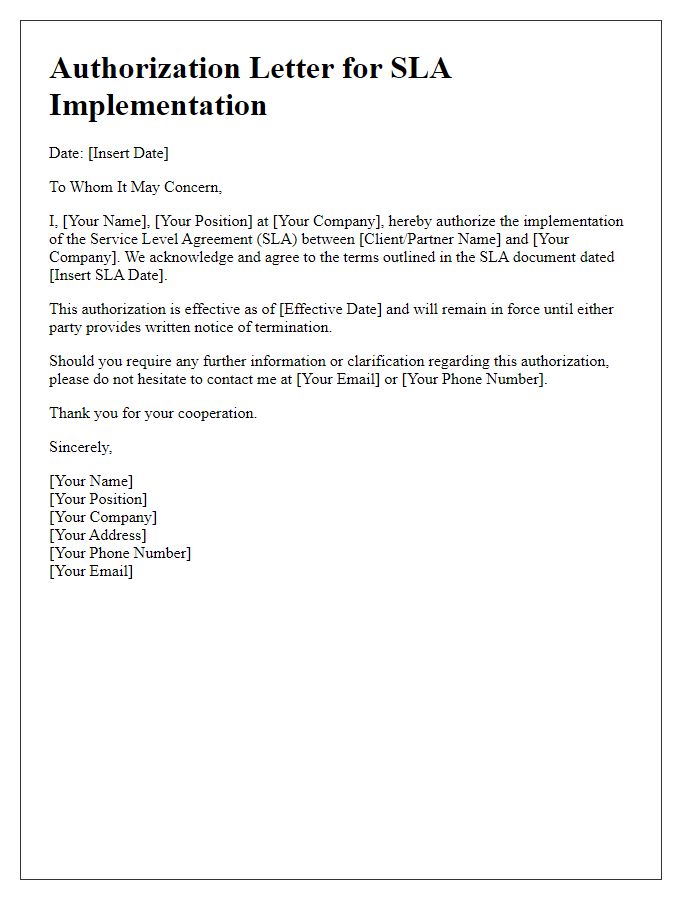 Letter template of Authorization for SLA Implementation