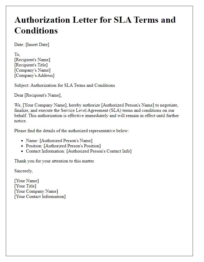 Letter template of Authorization for SLA Terms and Conditions