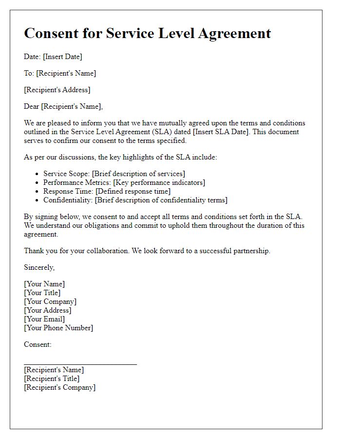 Letter template of Consent for Service Level Agreement