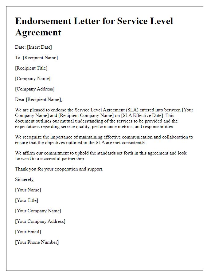 Letter template of Endorsement for Service Level Agreement