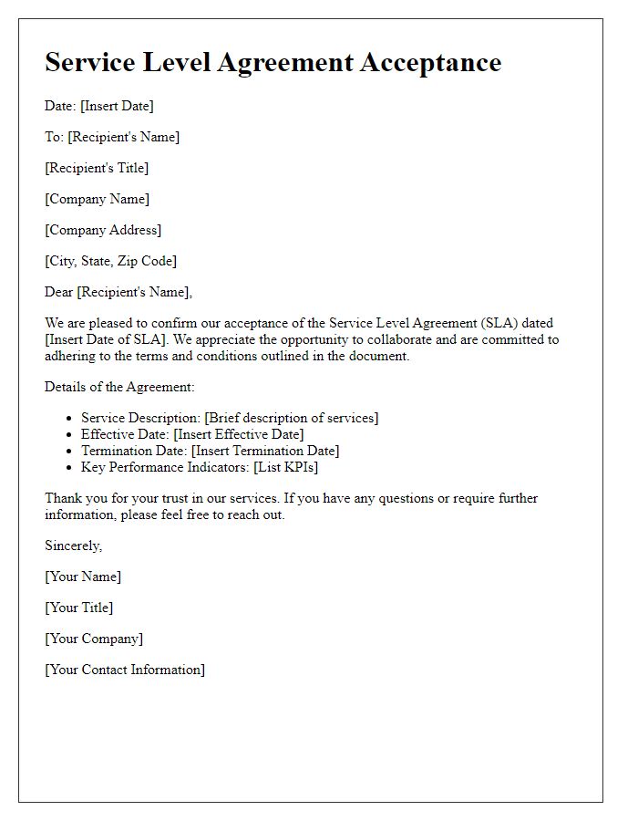 Letter template of Service Level Agreement Acceptance