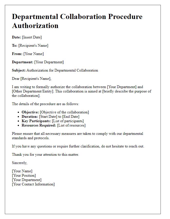 Letter template of departmental collaboration procedure authorization