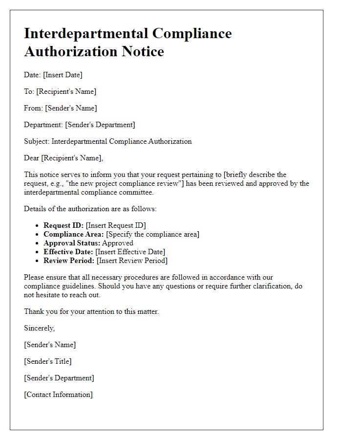 Letter template of interdepartmental compliance authorization notice