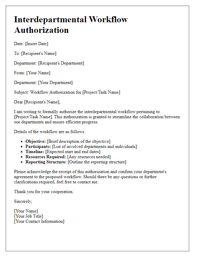 Letter template of interdepartmental workflow authorization