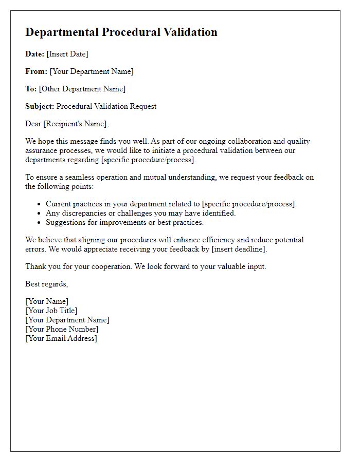 Letter template of procedural validation between departments