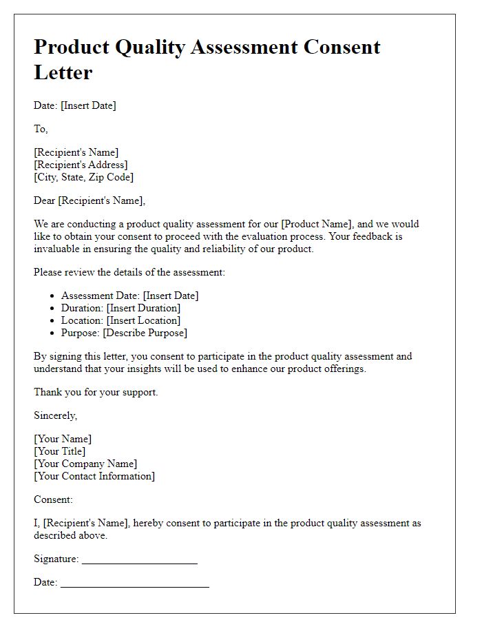 Letter template of product quality assessment consent