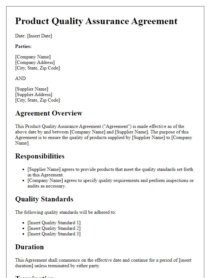 Letter template of product quality assurance agreement