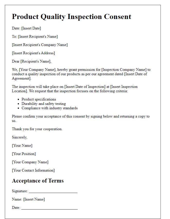 Letter template of product quality inspection consent