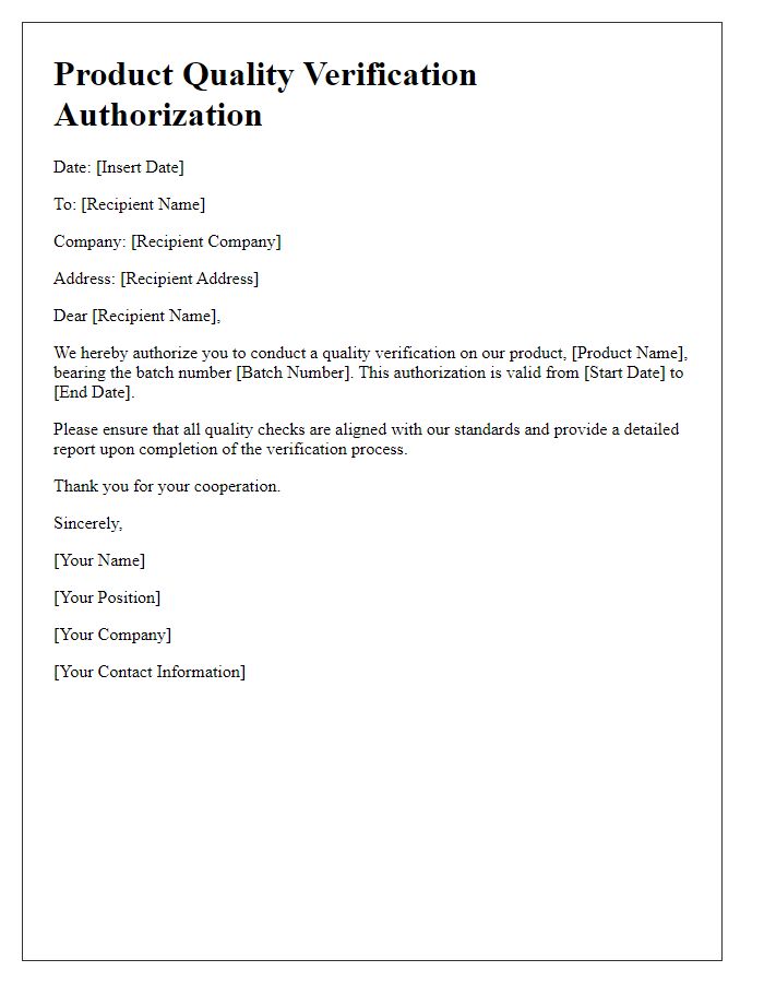 Letter template of product quality verification authorization
