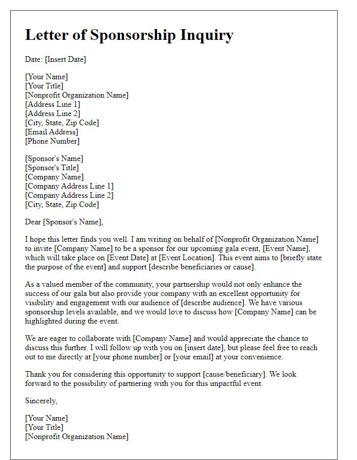 Letter template of nonprofit gala sponsorship inquiry