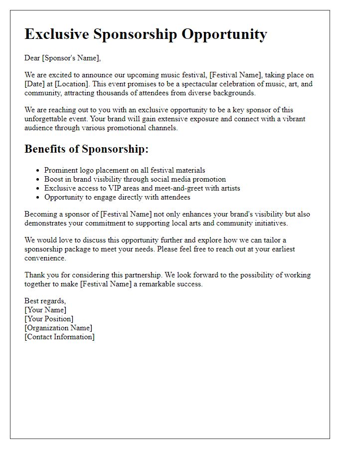 Letter template of exclusive sponsorship opportunity for music festival.