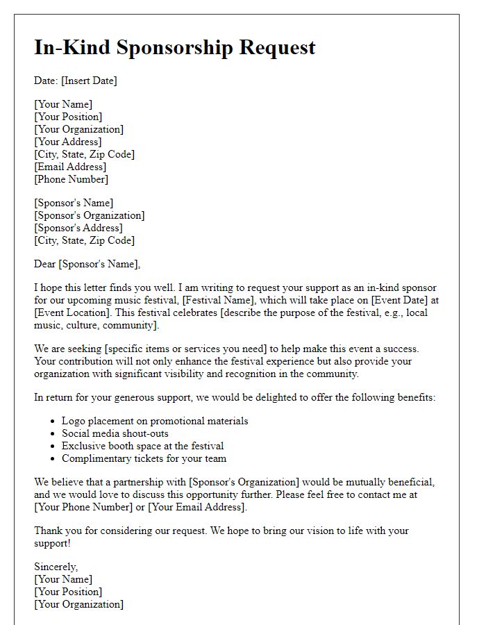 Letter template of in-kind sponsorship request for music festival.