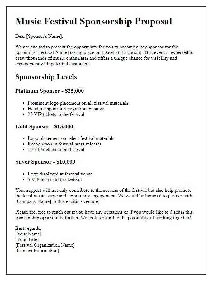 Letter template of tiered sponsorship levels for music festival.