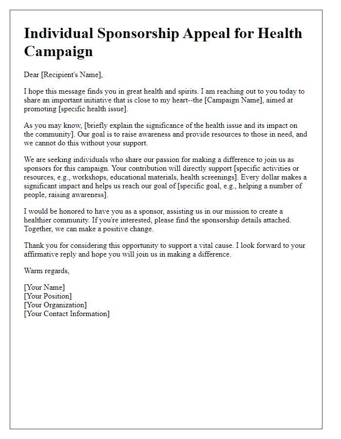 Letter template of individual sponsorship appeal for health campaign.