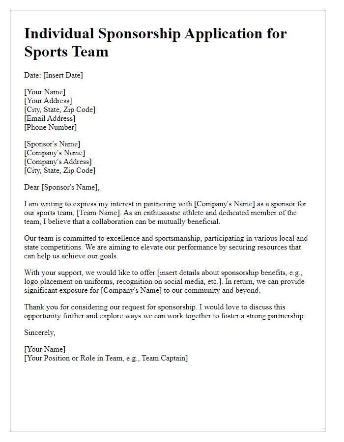 Letter template of individual sponsorship application for sports team.