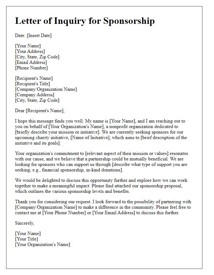 Letter template of individual sponsorship inquiry for charity initiative.