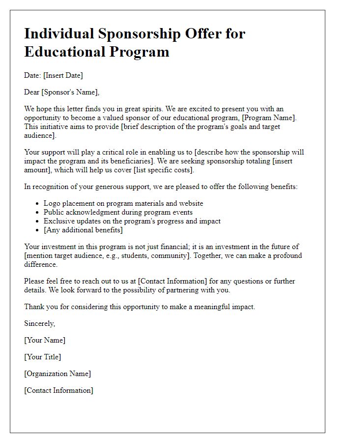 Letter template of individual sponsorship offer for educational program.