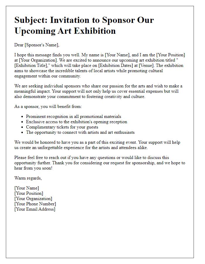 Letter template of individual sponsorship pitch for art exhibition.