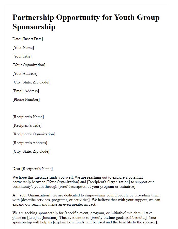 Letter template of partnership opportunity for youth group sponsorship