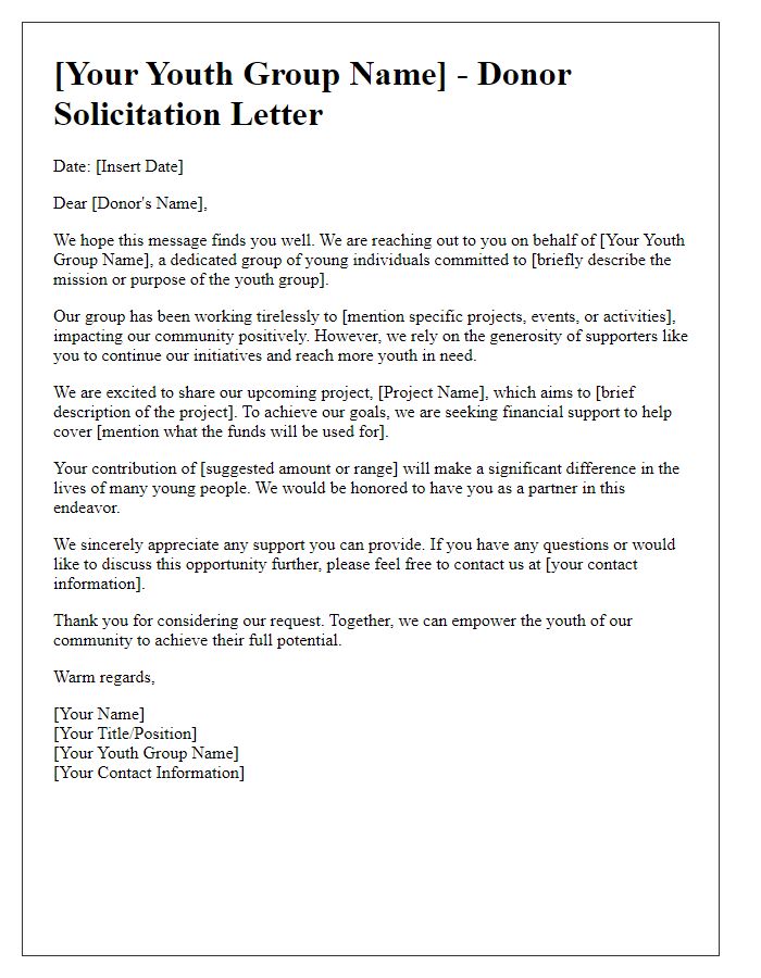 Letter template of youth group donor solicitation