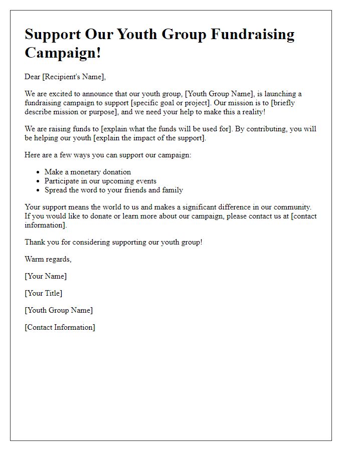 Letter template of youth group fundraising campaign support