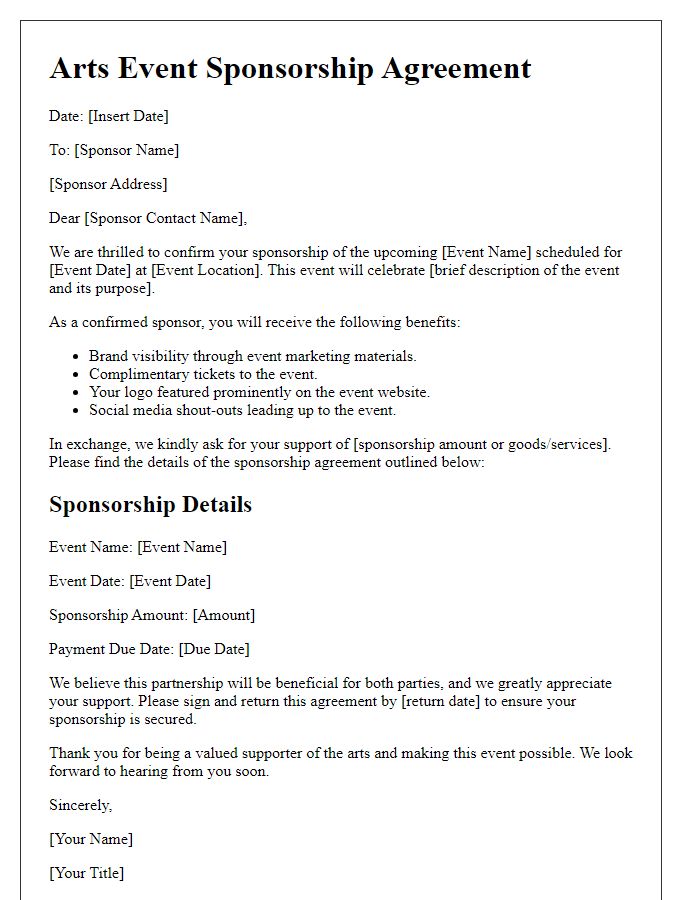 Letter template of arts event sponsorship agreement for confirmed sponsors