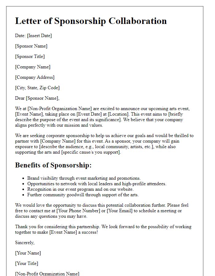 Letter template of arts event sponsorship collaboration for non-profits