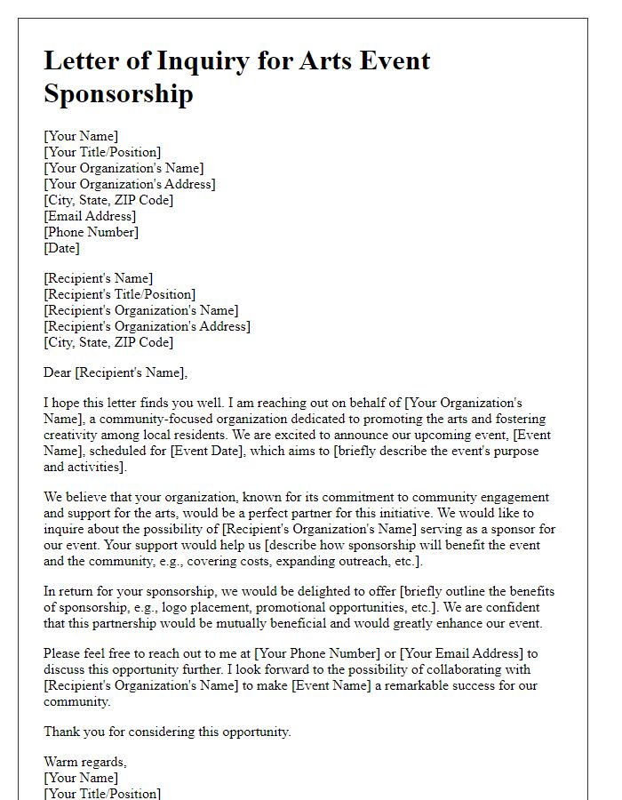 Letter template of arts event sponsorship inquiry for community organizations