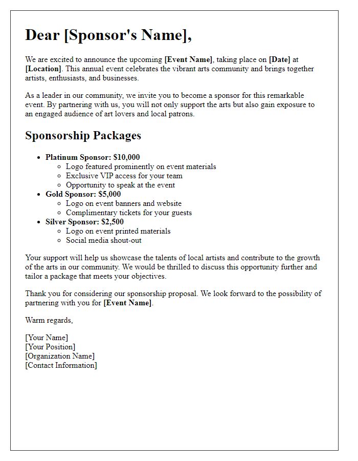 Letter template of arts event sponsorship package for potential sponsors