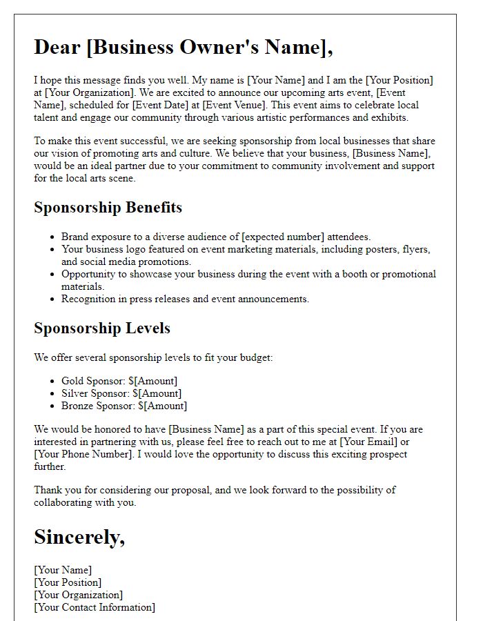 Letter template of arts event sponsorship proposal for local businesses