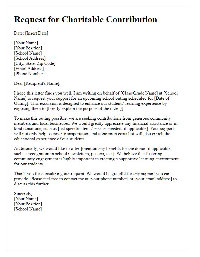 Letter template of charitable contribution request for school outing