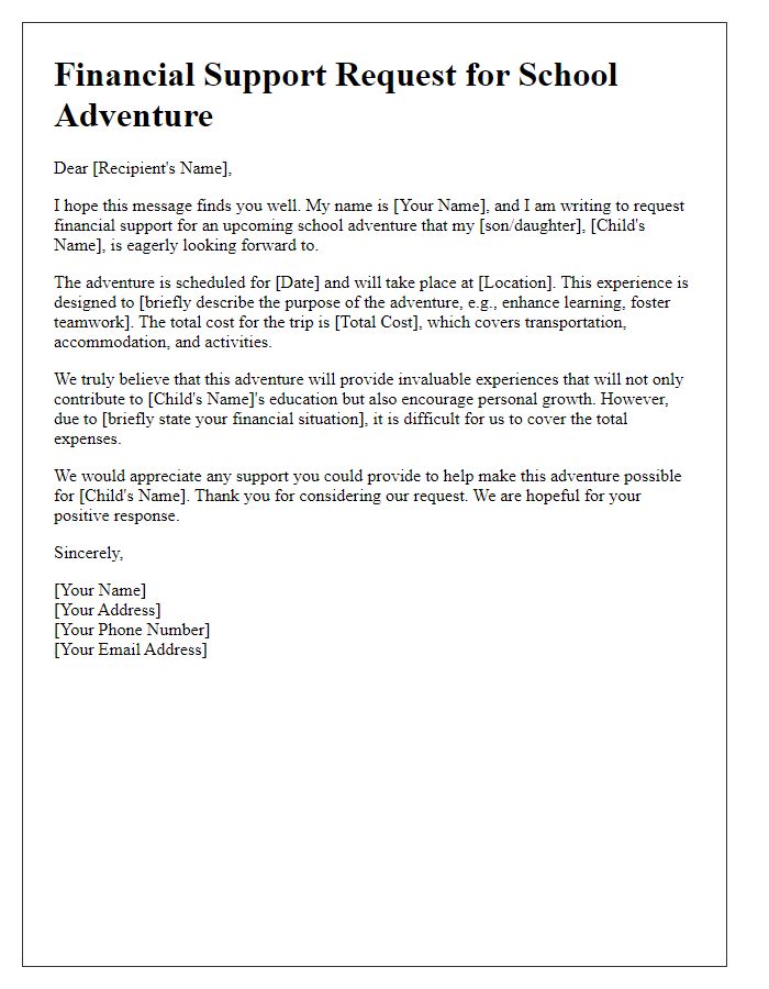 Letter template of financial support request for school adventure