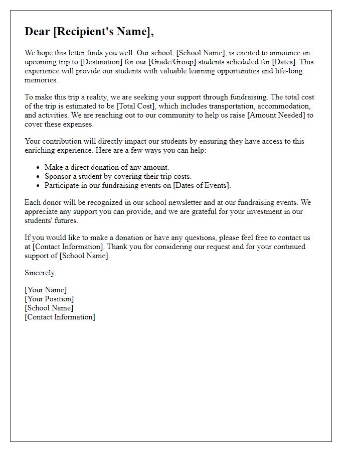 Letter template of fundraising letter for school travel