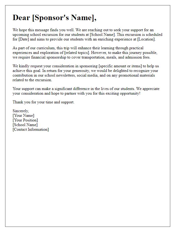 Letter template of sponsorship appeal for school excursion