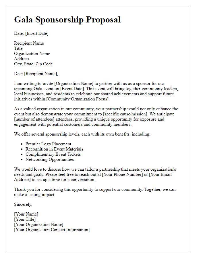 Letter template of gala sponsorship proposal for community organizations.