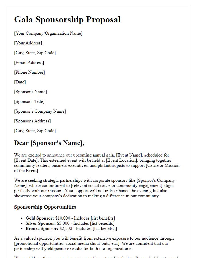 Letter template of gala sponsorship proposal for corporate sponsors.