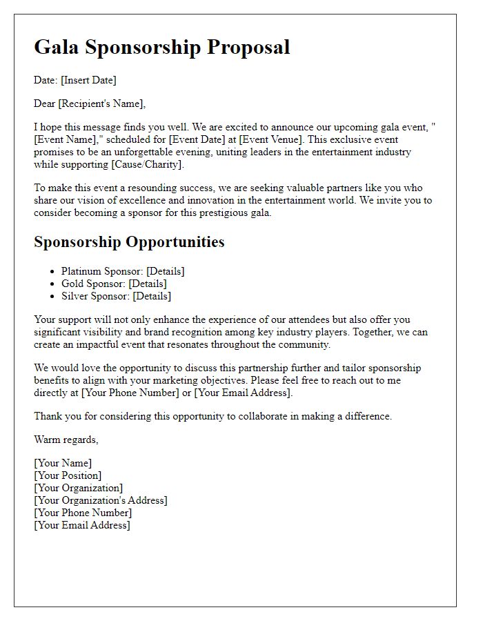 Letter template of gala sponsorship proposal for entertainment industry partners.