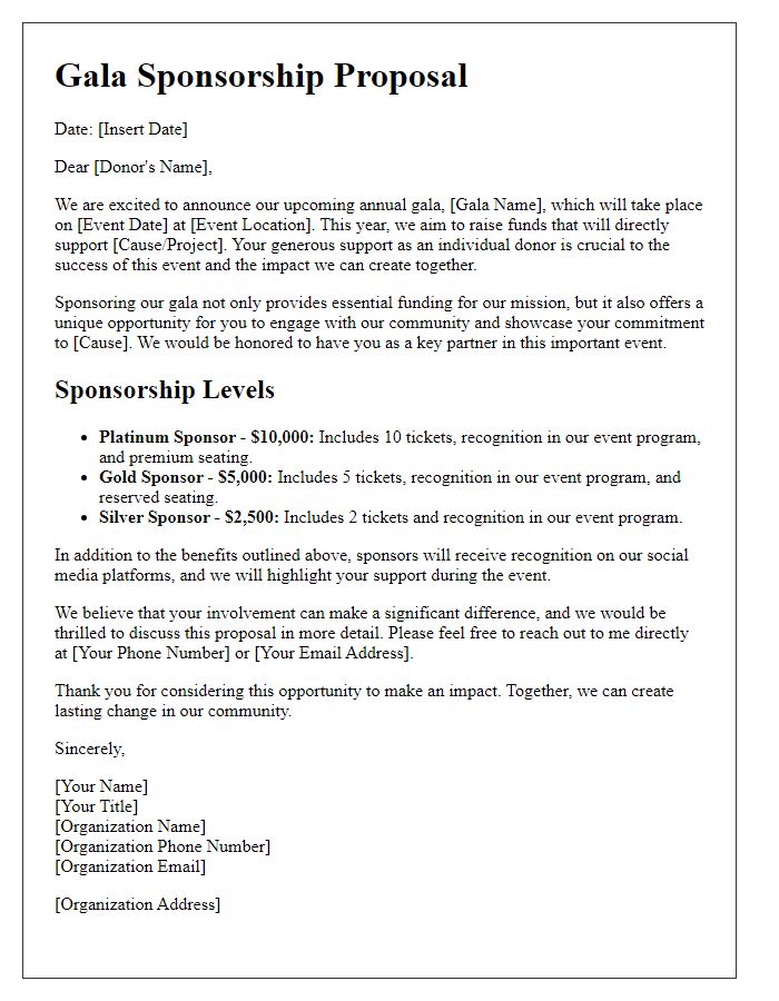 Letter template of gala sponsorship proposal for individual donors.