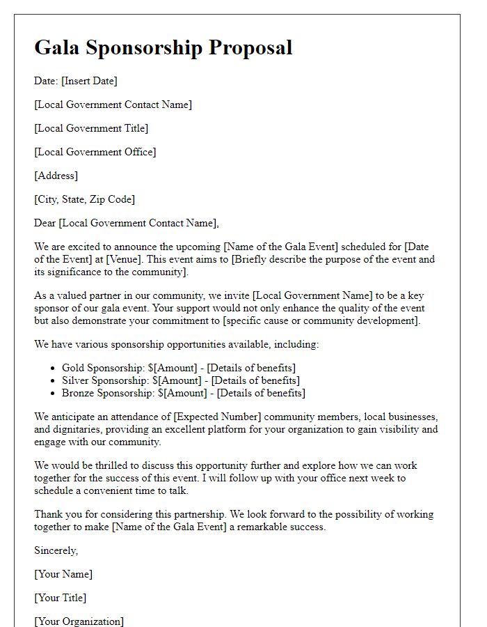 Letter template of gala sponsorship proposal for local government support.