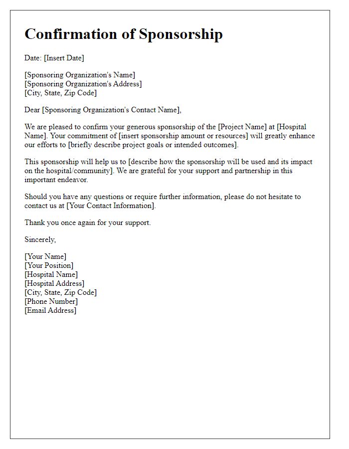 Letter template of confirmation for hospital project sponsorship